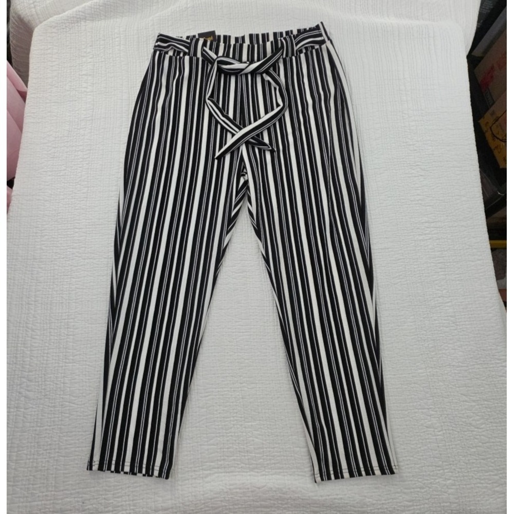 Spark Crepe Lounge Pants Womens 3X Black White Stripe Belted NEW Comfort NWT‎